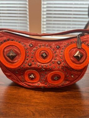 Vintage BERGE Genuine Leather Studded Shoulder Bag Orange Made in Italy